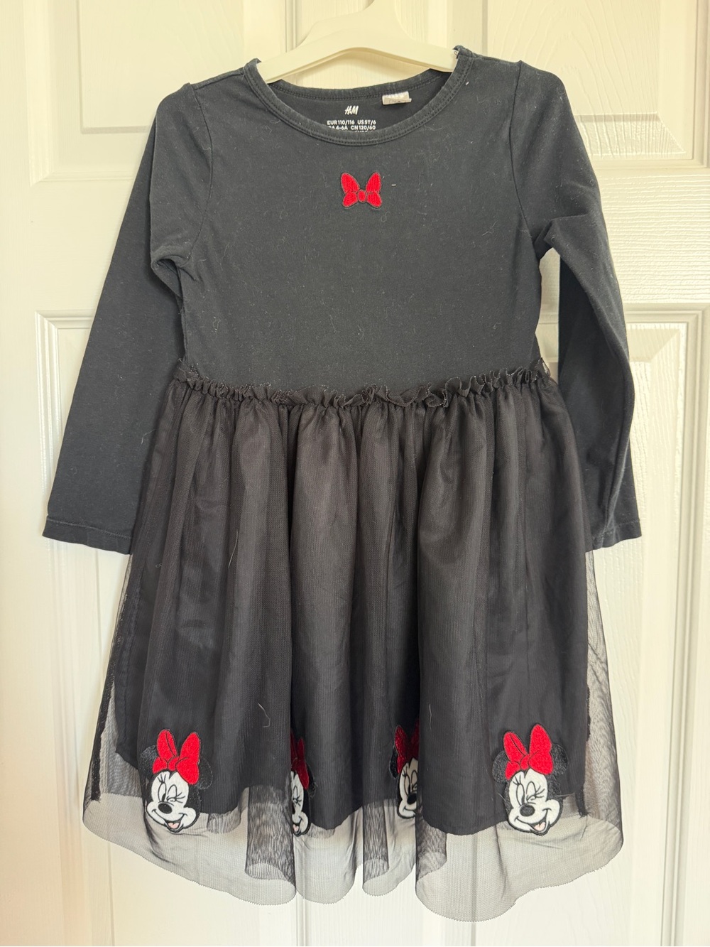 H&M Black Girls' Minnie Mouse Long-Sleeve Tulle Dress with Red Bows